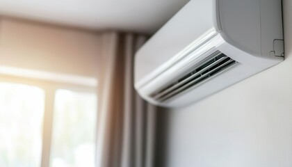 A modern air conditioning unit mounted on a wall, providing cool air to a light-filled room with curtains.