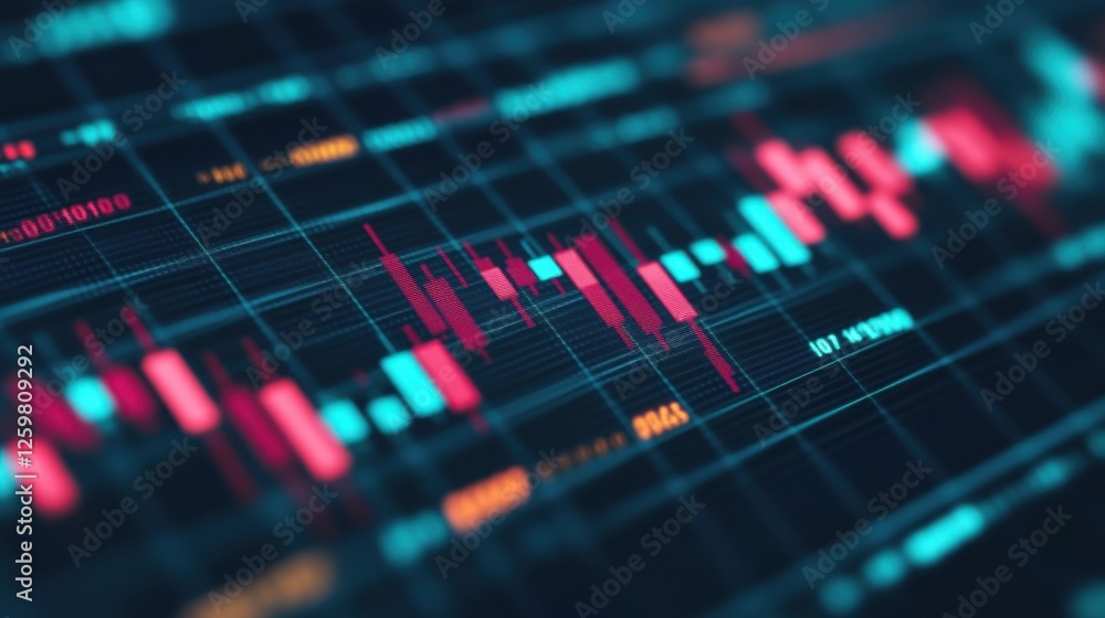 Poster a close-up view of a digital stock market chart displaying vibrant candlestick patterns against a da