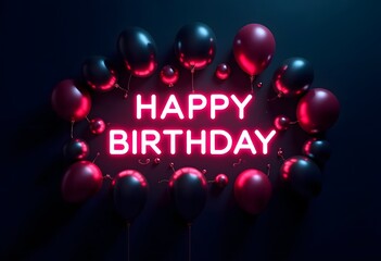 Neon Happy Birthday Text, Surrounded by a Cluster of Metallic Balloons