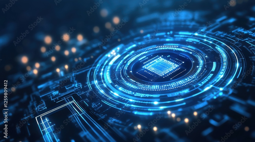 Poster a futuristic digital circuit design featuring glowing blue patterns and a central chip, representing