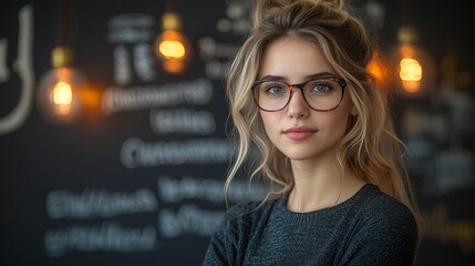 Woman cafe portrait, lights background, menu, lifestyle
