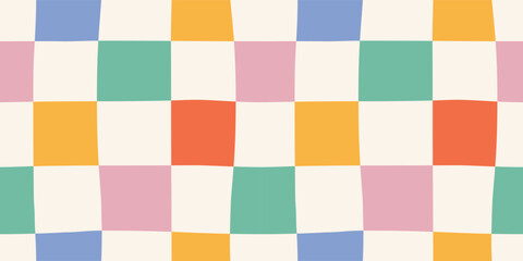 Seamless abstract colorful large checkered pattern on light background, multicolored checkered pattern, simple hand drawn illustration, flat style