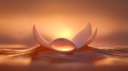 Fototapeta premium Serene Water Droplet on Lotus Petal Under Warm Sunset Glow