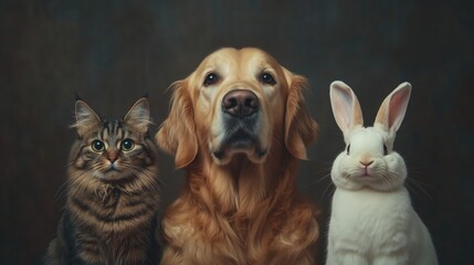 Fototapeta premium A golden retriever a tabby cat and a white bunny sitting together.