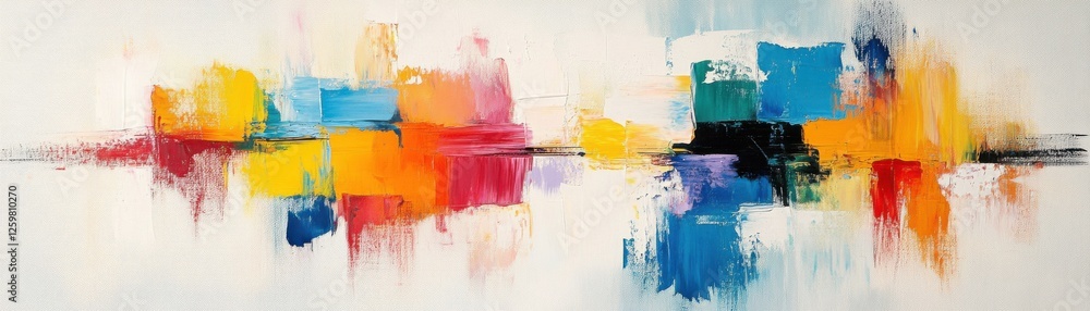 Poster a vibrant abstract painting featuring bold colors and geometric shapes, creating a dynamic visual rh