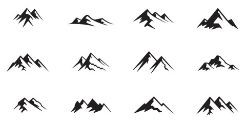 A collection of twelve minimalist black mountain silhouette peak icons varying in style and shape