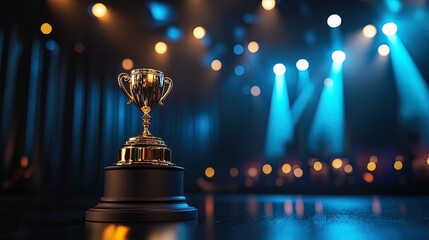 An awards ceremony with a stage podium, golden trophy, and a spotlight focusing on the recipient