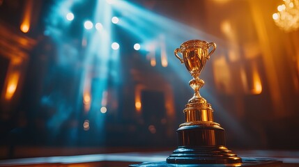 An awards ceremony with a stage podium, golden trophy, and a spotlight focusing on the recipient