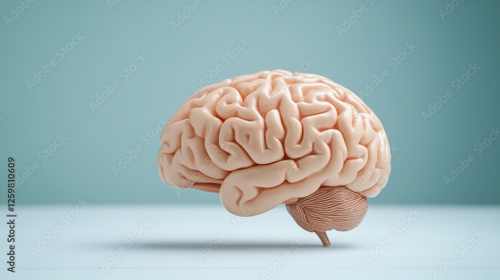 Poster a realistic rendering of a human brain displayed against a light blue background, emphasizing its in