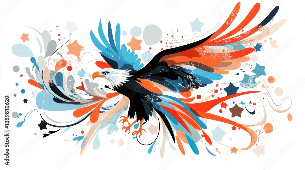 Poster colorful abstract of a fiery phoenix bird in flight with flourishing feathers and swirling patterns