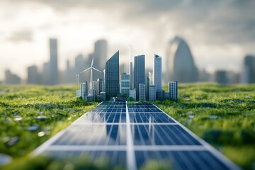 Green city model on solar panel, wind turbines, cityscape background