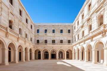 Obraz premium A serene courtyard featuring classic architecture, surrounded by elegant arches and bright blue skies.