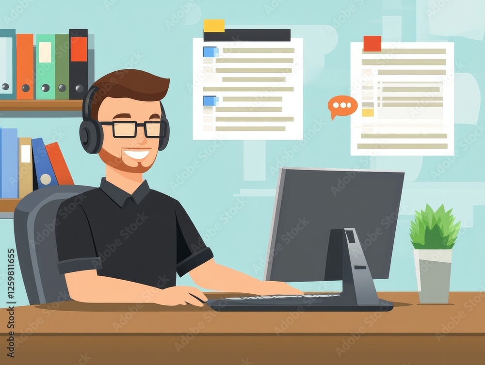 Poster worker use online customer service with chat bot as conversation assistant in office. - ai