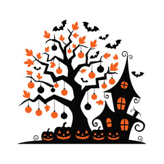 Halloween spooky Tree Vector, Haunted Tree Vector Art illustration, Scary Tree with pumpkin vector design element