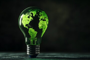 Green Earth Globe Lightbulb, Dark Background, Sustainability