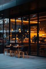 Cozy outdoor seating at caf? attracts patrons on city street at dusk for coffee