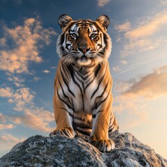 Majestic tiger perched on a rock under a vibrant sky at sunset.
