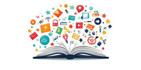 Open Book with Colorful Digital Icons Representing Knowledge and Creativity

