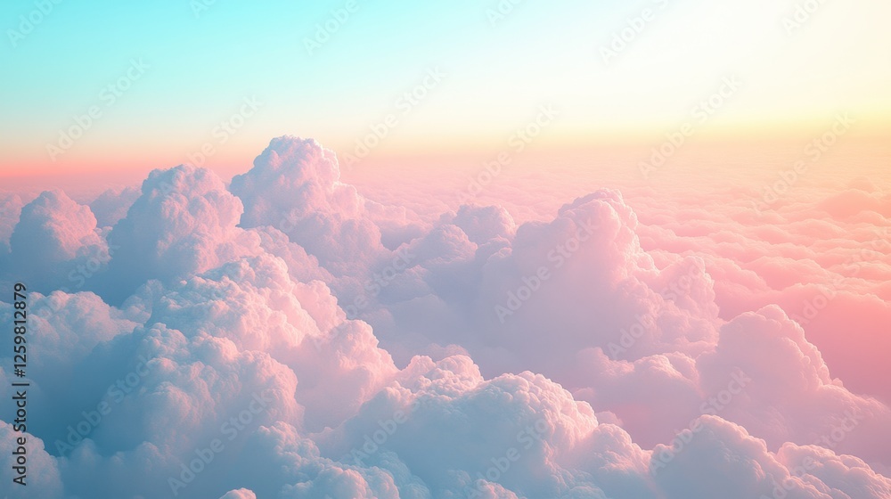 Poster a serene view of soft, pastel clouds illuminated by sunlight, creating a tranquil atmosphere in the 