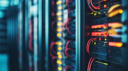 Modern data center with server racks. Featuring advanced cooling systems and network cables. Highlighting information technology infrastructure. Ideal for tech industry articles.