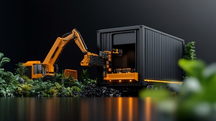 Sustainable Logistics: Excavator Loading Container with Eco-Friendly Cargo Amidst Lush Greenery