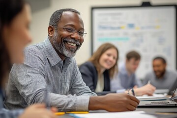 A smiling man engages in a collaborative meeting with colleagues, showcasing a friendly and productive work environment.