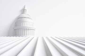 A minimalist depiction of a dome-shaped structure resembling a government building, set against a white backdrop with layered patterns.
