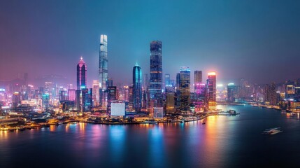 Naklejka premium A vibrant city skyline at night, showcasing illuminated skyscrapers reflecting on a river.