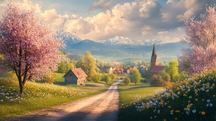 Naklejka premium A peaceful countryside road lined with blooming trees, leading to a quaint village under a spring sky
