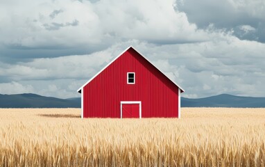 Fototapeta premium A striking red barn stands alone in a golden field under a cloudy sky, showcasing rustic charm and agricultural beauty.
