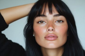 Beautiful freckled model posing with hand behind head