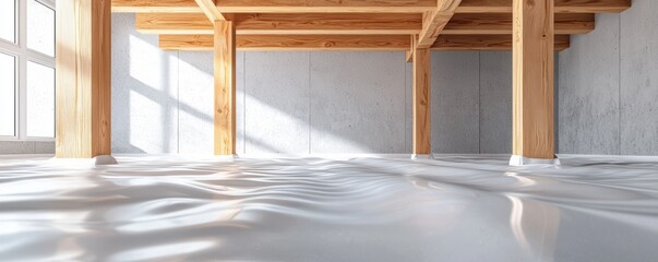 A spacious interior with wooden beams and a glossy, reflective floor, creating a modern and serene atmosphere.