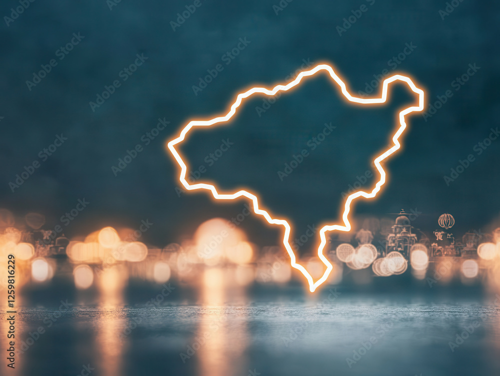 Poster glowing abstract map outline with bokeh lights in background