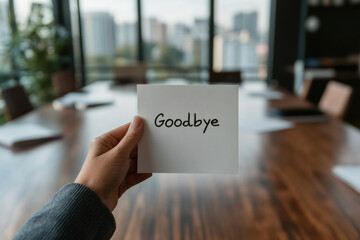 Businesswoman holding goodbye sign in meeting room