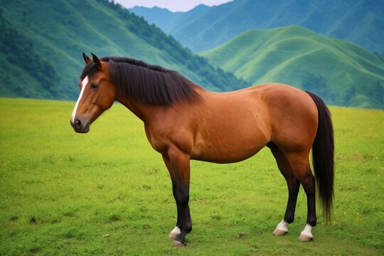there is a brown horse standing in a field with mountains in the background