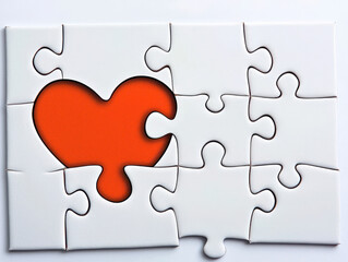 Fototapeta premium white puzzle with missing piece shaped like heart, revealing red