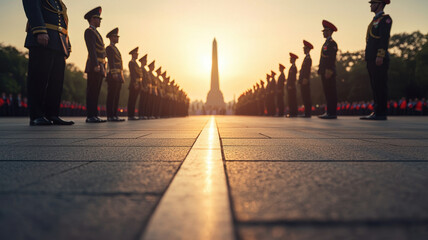 Obraz premium dawn ceremony at revered monument with attendees in uniform, creating solemn atmosphere