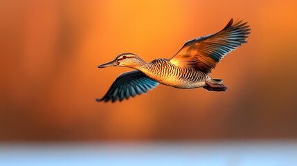 Fototapeta premium Flying duck, golden hour sunset, tranquil scene, nature background, perfect for nature, wildlife, or education use