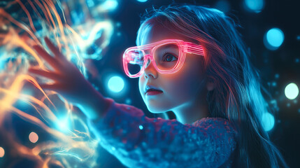 A kid girl interacts with a neural network display. The concept of early learning, future technology, and the curiosity-driven exploration of AI. Generative AI