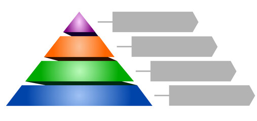 Infographic hierarchical illustration of orange with purple with blue and green triangle divided, Pyramid shape four layers for presenting business ideas or disparity and statistical