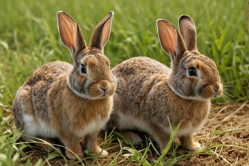 Fototapeta premium two rabbits are sitting in the grass with their ears up