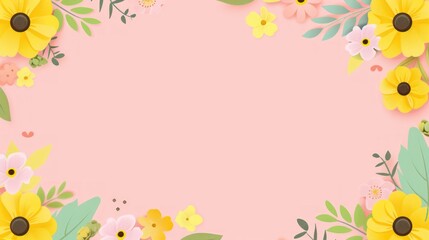 Fototapeta premium Pretty Pink Floral Frame, Spring Blossom Background, Pastel Flower Border, Yellow and Pink Flowers