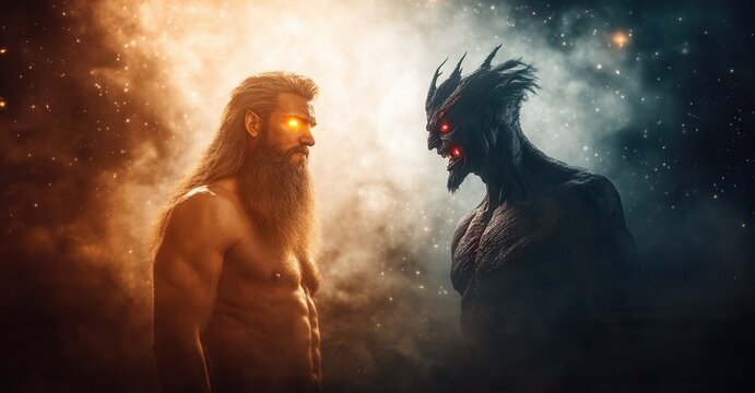 A powerful being with glowing eyes stands face-to-face with a demonic creature amid a cosmic backdrop, symbolizing good versus evil.