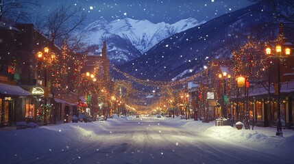 Fototapeta premium Banff Avenue in winter, covered in snow, festive lights twinkling, with the stunning Rockies in the distance, holiday season magic