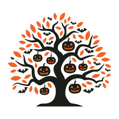 Halloween spooky Tree Vector, Haunted Tree Vector Art illustration, Scary Tree with pumpkin vector design element