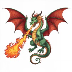 Fiery Green Dragon with Red Wings Breathing Fire Fantasy Illustration