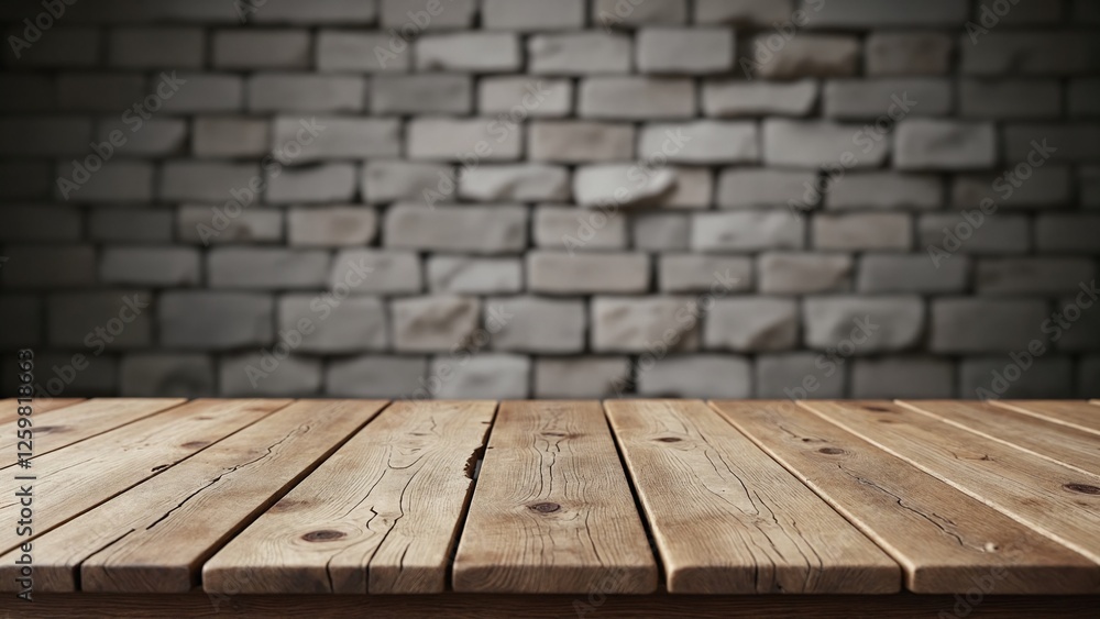 Poster old wood table with blurred concrete block wall in dark room background