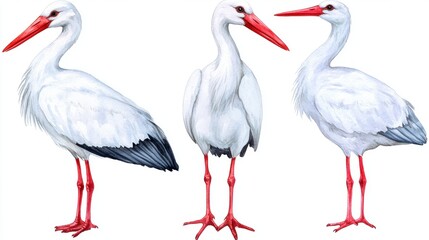 Three Elegant White Storks with Red Beaks Displaying Various Postures in Natural Habitat