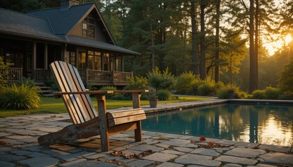 Obraz premium A vintage wooden deck chair with a beautifully painted finish, resting near a reflective pool beside a house, surrounded by lush nature, tall trees, and a golden sunset glow