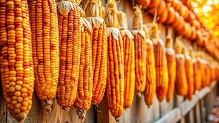 Fototapeta premium Golden Corn Harvest: Rustic Autumn Background, Dried Corn Stalks, Fall Decor, Thanksgiving Image, Rural Scene, Farm Photography, Dried Corn Row, Autumnal Backdrop